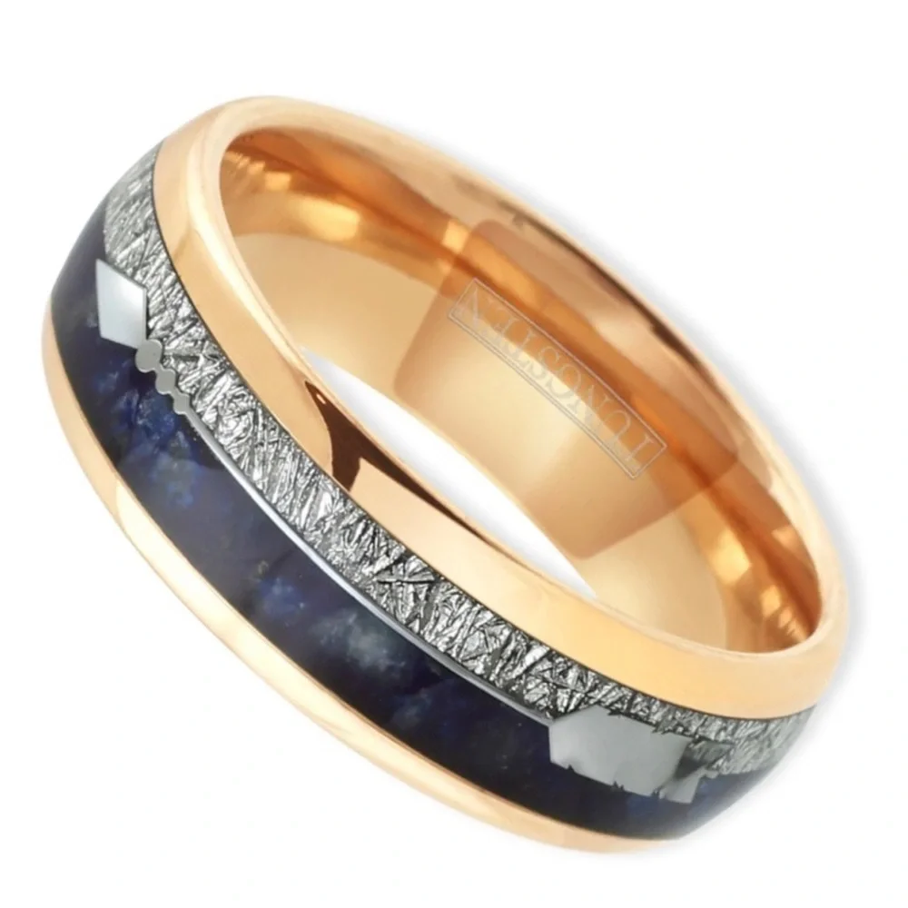 Genuine Rose Gold Tungsten Lapis Lazuli & Feathered Arrow Ring
